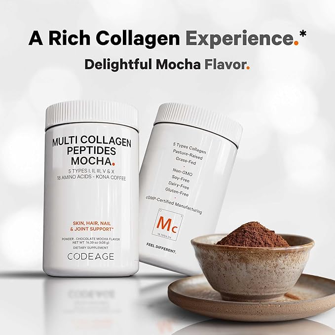 Codeage Multi Collagen Peptides Protein Powder - Chocolate Mocha Instant Coffee - Gourmet Knoa Coffee Drink & Shake - Collagen Type I, II, III, V & X - Grass-Fed, Hydrolyzed, Non-GMO - 14.39oz