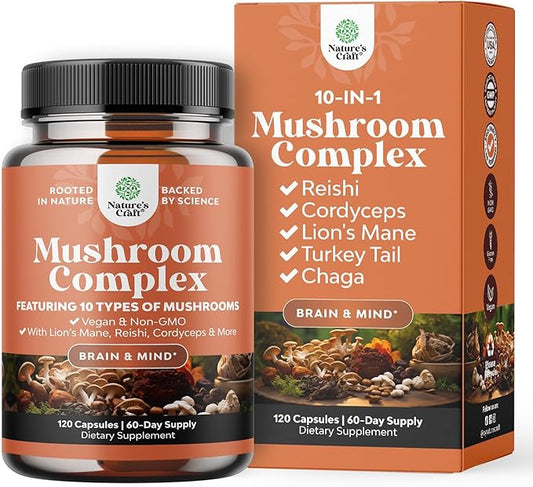 Advanced Mushroom Complex Capsules - 10X Lions Mane Supplement Capsules with Reishi, Chaga, Maitake & Shiitake for Brain Health Memory Support & Focus - Nootropic for Mental Clarity - 120 Caps