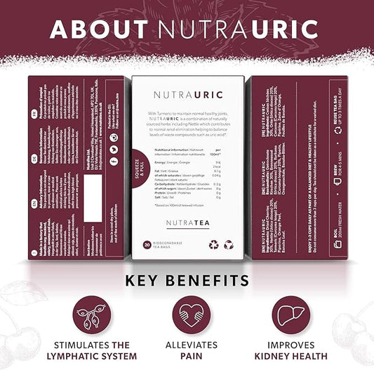 NUTRAURIC - Uric Acid Cleanse and Kidney Support – Kidney Cleanse Tea – Includes Cherry, Nettle & Turmeric - 40 Enveloped Tea Bags - by Nutra Tea - Herbal Tea - (2 Pack)