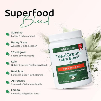 TesaiGreens Ultra Blend Superfood Nutritional Powder, Plant-based, 16g Protein, 7 Billion Probiotics, Vitamins, Mushrooms & Adaptogen, Energy, Immunity & Gut Health Support, Meal Replacement
