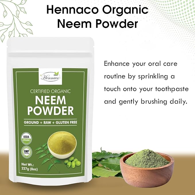 Organic Neem Powder| Ayurvedic Herb for Skin and Hair | Resealable Zip Lock Pouch | USDA Organic| Pure & Natural Neem Powder for Drinking| Dried Neem Leaves Powder| 227 Grams (8 OZ)