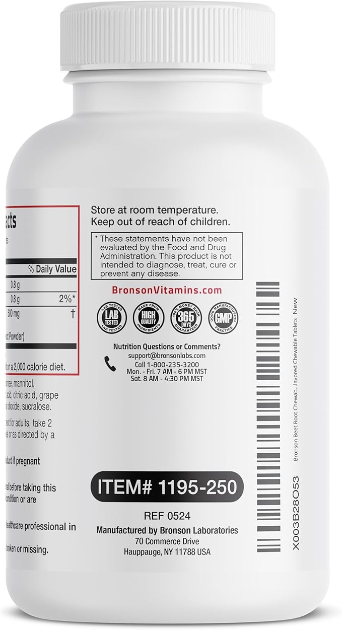 Bronson Beet Root Chewables 2000 MG, Grape Flavored - Extra Strength 2000 MG Per Serving Circulation Support Heart Health & Stamina, Non-GMO, 250 Vegetarian Grape Flavored Chewable Tablets