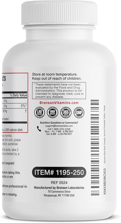 Bronson Beet Root Chewables 2000 MG, Grape Flavored - Extra Strength 2000 MG Per Serving Circulation Support Heart Health & Stamina, Non-GMO, 250 Vegetarian Grape Flavored Chewable Tablets