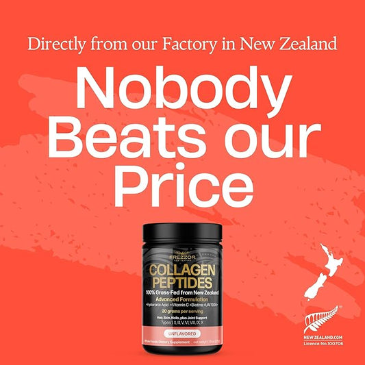 FREZZOR Collagen Peptides Powder, Fine Lines & Wrinkles, Hair & Nails, Supports Youthful Flexibility & Mobility, 100% New Zealand Hydrolyzed Beef Bone Collagen, Unflavored 450g 2 Jars