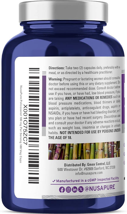 NusaPure Policosanol 100mg 180 Veggie Capsules (Vegan, Non-GMO)