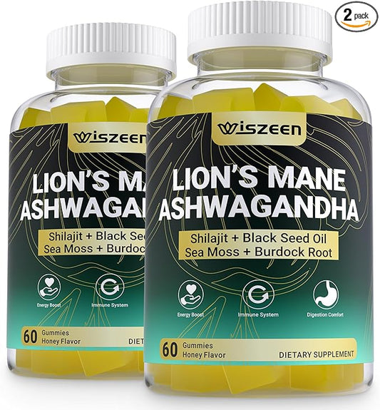 Ashwagandha Lions Mane Gummies, Ashwagandha Lion's Mane Supplement with Shilajit, Sea Moss, Black Seed Oil for Adults - Energy, Cognitive & Immune Support
