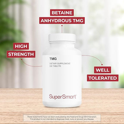 Supersmart TMG 2250mg per Day (High Strength) - TMG Trimethylglycine - Betaine Anhydrous Supplement | Non-GMO & Gluten Free - 100 Tablets