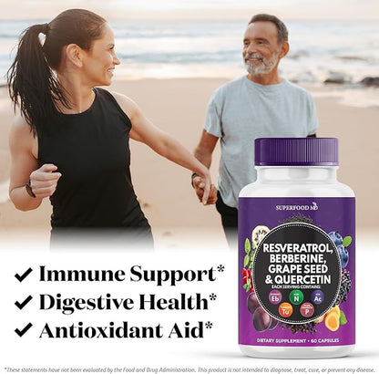 Resveratrol Berberine Grape Seed Extract Quercetin - Polyphenol Supplement with Noni Extract, N-Acetyl Cysteine, Acai Extract - Made in The USA - 120 Capsules