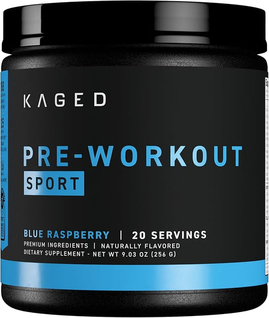 Kaged Sport Pre Workout Powder for Men & Women, Blue Razz, Sport Certified, 188mg Caffeine, Nitric Oxide Supplement, Beta Alanine for Energy, Weightlifting, Cardio Endurance & Strength, 20 Servings