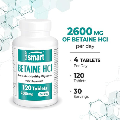 Supersmart - Betaine HCI 2600mg per Day (High Potency) - with Protease Enzymes - Betaine Hydrochloride Formula | Non-GMO & Gluten Free - 120 Tablets