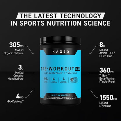 Kaged Pre Workout MAX Powder | Watermelon | Tingle Free, High Stim Pre-Workout | 305 mg Caffeine, Creatine, L-Citrulline | MAXCatalyst for Absorption | Supplements for Men & Women | 20 Servings