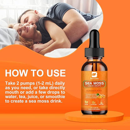 Sea Moss Liquid Drops - Organic Irish Sea Moss Raw Gel with Burdock Root, Tumeric, Spirulina, Seaweed Moss Gel Supplement for Gut Health & Antioxidant Supports - 2 Fl Oz