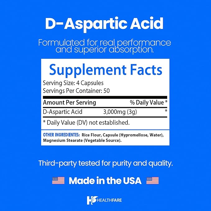 D-Aspartic Acid Capsules 3000mg | 200 Vegan Capsules | Premium Amino Acid Supplement | Naturally Sourced | Non-GMO & Gluten-Free | Made in The USA