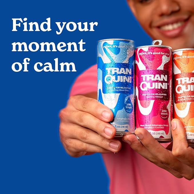 Tranquini Adaptogen Drink, Calming Sparkling Water, Gluten Free, Sugar Free Non Alcoholic Beverage with Ashwagandha Root Extract, 8.5 Fl Oz Cans (8.5 Fl Oz (Pack of 12), Variety Pack)