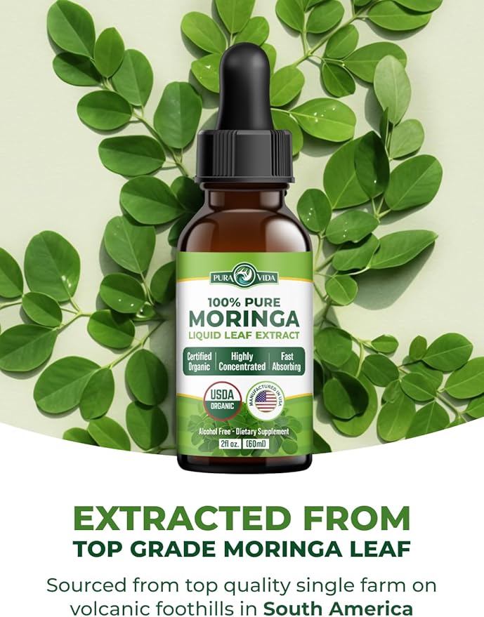 PURA VIDA MORINGA Leaf Extract Liquid Drops - USDA Organic Certified - Highly Purified, Bioavailable & Faster Absorption than Moringa Powder or Capsules - Single Origin Moringa Oleifera Leaves Extract