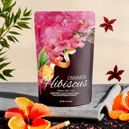 Gardenika Organic Cinnamon Hibiscus Loose Leaf Tea | Natural & Antioxidant Rich | Caffeine-Free | 55+ Cups | USDA Organic & Kosher | 4 oz