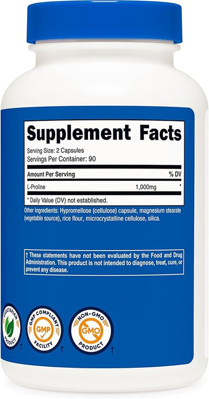 Nutricost L-Proline 1000mg, 180 Capsules (90 Servings) - 500mg Per Cap, Non-GMO, Gluten Free