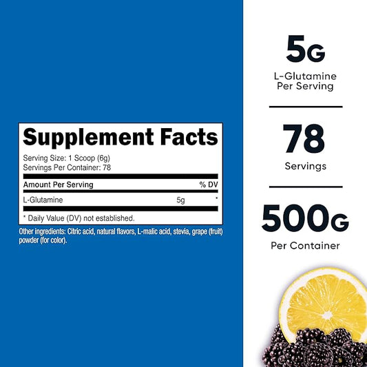 Nutricost L-Glutamine Powder Sweetened with Stevia (500 Grams, BlackBerry Lemonade) - Supplement for Gut Support, 5 Grams of L-Glutamine Per Serving, Gluten Free and Non-GMO