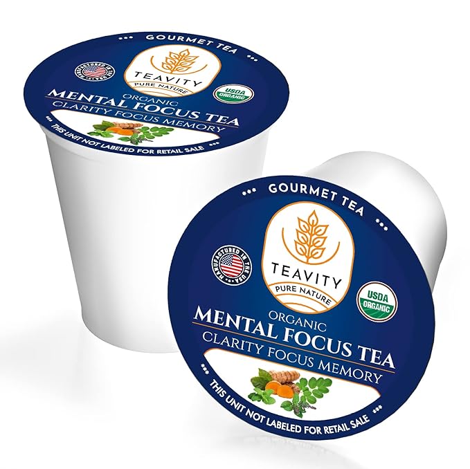 Organic Tea Pods with Moringa, Pepeppermint, Holy Basil & Turmeric - Naturally Decaf Tea - Mental Focus by Teavity (12 Tea Pods)