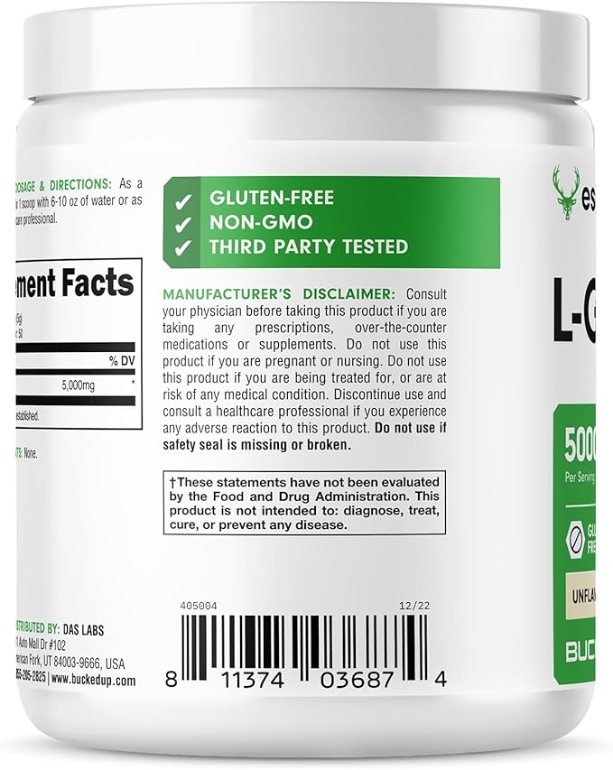 Bucked Up L-Glutamine (5000mg), Essentials (50 Servings, 250 Grams)