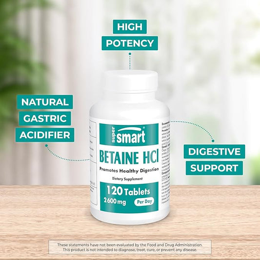 Supersmart - Betaine HCI 2600mg per Day (High Potency) - with Protease Enzymes - Betaine Hydrochloride Formula | Non-GMO & Gluten Free - 120 Tablets