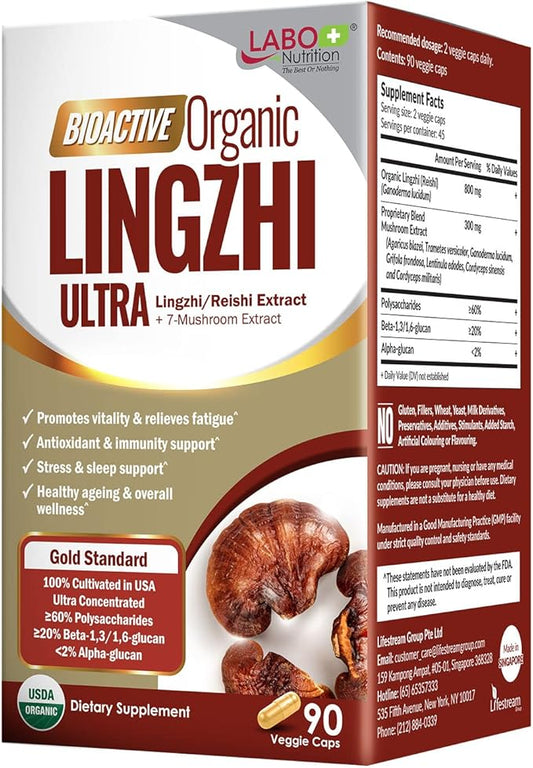 LABO Nutrition Bioactive Organic Lingzhi Reishi Ultra 7 Mushroom Extract Supplement Reishi Cordyceps Maitake Turkey Tail Agaricus blazei Murill Shiitake for Immune Support, Vitality, USDA Organic