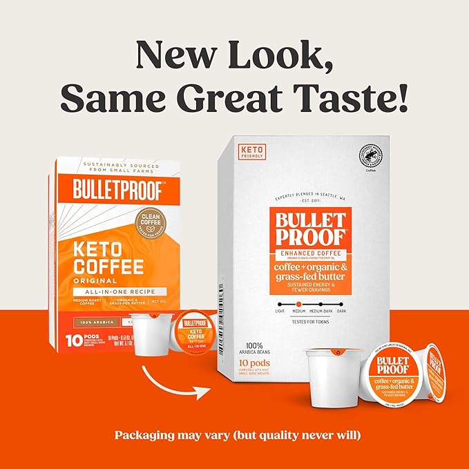 Bulletproof Coffee + Organic Grass-Fed Butter Single-Serve Pods, 10 Count, Keto Coffee, All-in-one Recipe with MCT Oil and Butter, Packaging May Vary