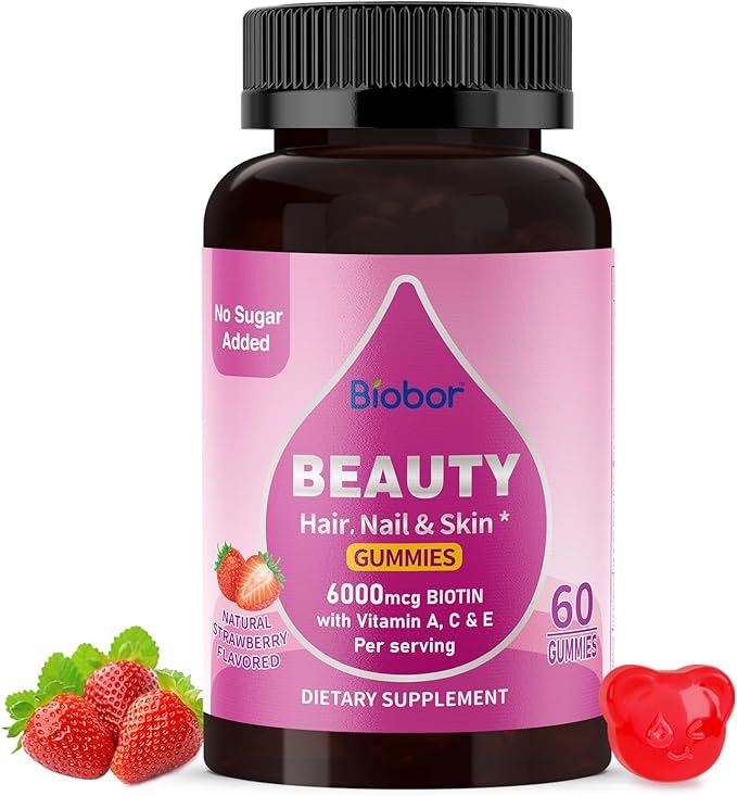 Beauty Gummies No Sugar Added, Hair Skin and Nails with Vitamins A C E, Natural 6000mcg Biotin Gummies for Women Men, GMO Free, Gluten Free