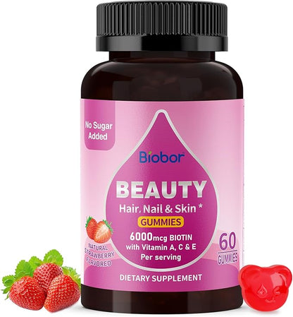 Beauty Gummies No Sugar Added, Hair Skin and Nails with Vitamins A C E, Natural 6000mcg Biotin Gummies for Women Men, GMO Free, Gluten Free