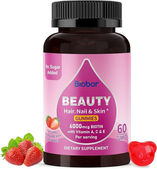 Beauty Gummies No Sugar Added, Hair Skin and Nails with Vitamins A C E, Natural 6000mcg Biotin Gummies for Women Men, GMO Free, Gluten Free