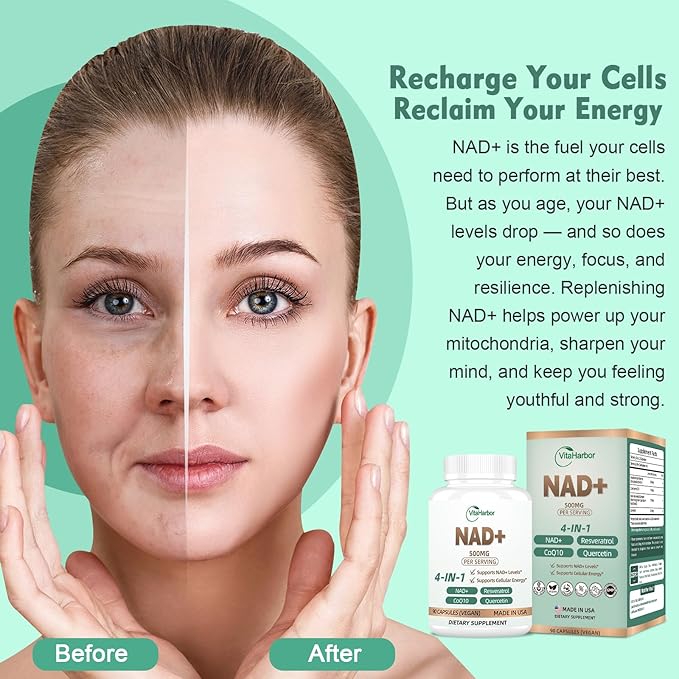 NAD Supplement 500mg, Pure Organic NAD+ Supplement for Women & Men, NAD+ with Trans-Resveratrol & CoQ10 & Quercetin for Cellular Energy & Healthy Aging, NMN Alternative (90 Vegan Caps)