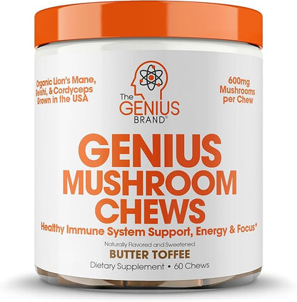 The Genius Brand Genius Mushroom - Plant-Based Supplement for Immune, Focus & Energy Support - Lion's Mane, Cordyceps & Reishi - Organic & Non-GMO - Butter Toffee - 60 Soft Chews