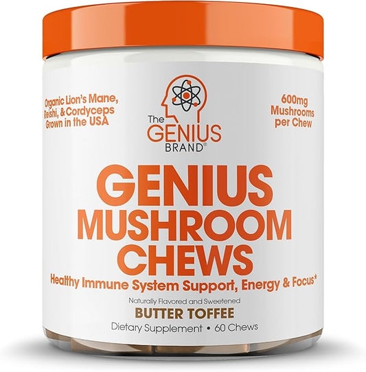 The Genius Brand Genius Mushroom - Plant-Based Supplement for Immune, Focus & Energy Support - Lion's Mane, Cordyceps & Reishi - Organic & Non-GMO - Butter Toffee - 60 Soft Chews