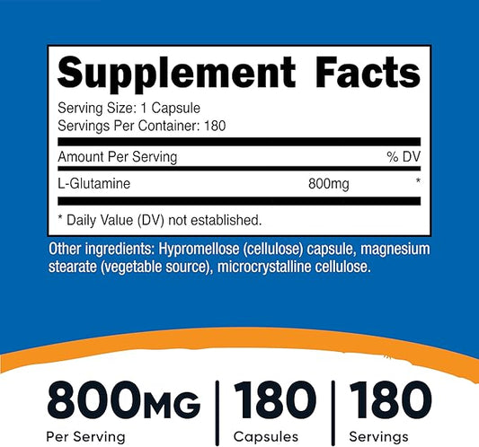 Nutricost L-Glutamine 800mg, 180 Capsules - Gluten Free, Non-GMO