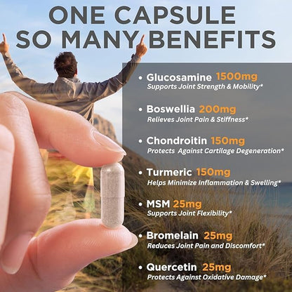 Glucosamine Chondroitin MSM with Turmeric 180 Capsules - Joint Supplements for Women & Men – with Boswellia, Quercetin – Clear Joint Support Supplement for Flexibility, Mobility, Cartilage Repair