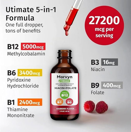 Morvyn Essential Vitamin Liquid Drops | 5-in-1 Vitamin B Complex Liquid Drops | B12 B6 B1-60ml (2Pcs)