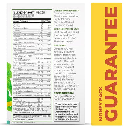 Pureboost Superfoods Clean Energy Booster, Energy Drink Mix Powder with 7 Organic Green Superfoods; Spirulina, Kale, Broccoli and Vitamins, Green Apple, Pineapple, Mango (Green Mojo, 30 Count)