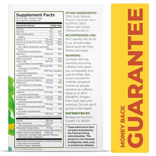 Pureboost Superfoods Clean Energy Booster, Energy Drink Mix Powder with 7 Organic Green Superfoods; Spirulina, Kale, Broccoli and Vitamins, Green Apple, Pineapple, Mango (Green Mojo, 30 Count)