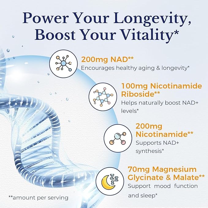Vitalitown NAD Supplement, Nicotinamide Riboside, Trans-Resveratrol, Nicotinamide (B3), Trimethylglycine, NMN Alternative for Healthy Aging, Energy Metabolism and Vitality, 120 Capsules