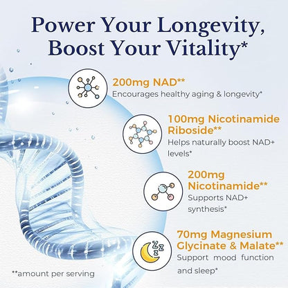 Vitalitown NAD Supplement, Nicotinamide Riboside, Trans-Resveratrol, Nicotinamide (B3), Trimethylglycine, NMN Alternative for Healthy Aging, Energy Metabolism and Vitality, 120 Capsules