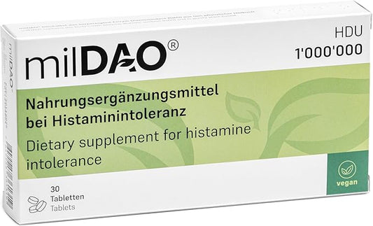 milDAO® – 30 Vegan Tablets | DAO Enzyme Supplement for Histamine Intolerance | 1,000,000 HDU per Tablet | with Catalase | Lyophilized | Foil Pouch with Silica Gel for Maximum Stability
