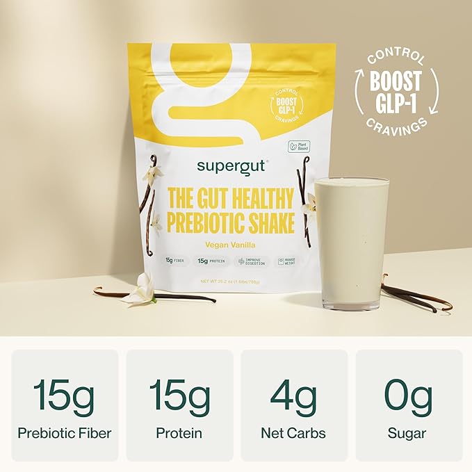 Supergut Prebiotic Shakes | Meal Replacement | Boost GLP-1 | High Protein and Fiber | No Added Sugar | Keto Food, Meal, Snack (Vegan Vanilla, 14 servings)