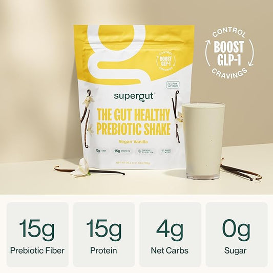 Supergut Prebiotic Shakes | Meal Replacement | Boost GLP-1 | High Protein and Fiber | No Added Sugar | Keto Food, Meal, Snack (Vegan Vanilla, 14 servings)