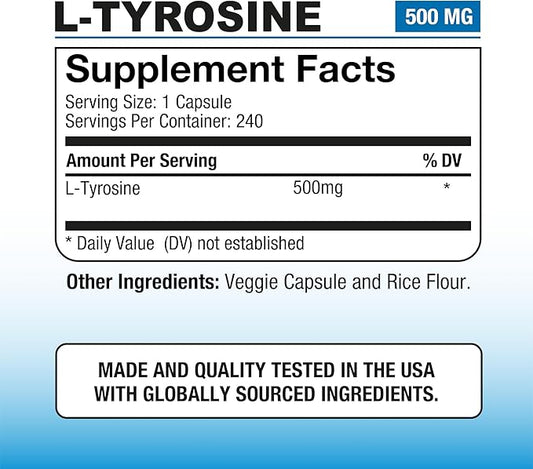 Puregen Labs L-Tyrosine 500 mg, Total - 480 Vegetable Capsules | No Harmful Additives | Brain & Nervous System Support, Non-GMO, Vegan, Gluten Free, Dairy Free - 480 Servings - Made in USA