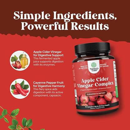 Cleansing Apple Cider Vinegar Capsules - ACV Cleanse and Detox Pills for Gut and Digestive Health with Slimming Cayenne - Extra Strength ACV Capsules for Gut Cleanse and Full Body Detox (30 Servings)