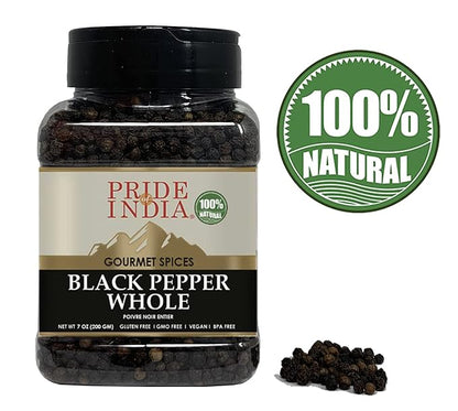 Pride of India – Black Peppercorn Whole – Gourmet & Culinary Spice – Full Bodied, Dried & Flavorful – Preservatives & Gluten Free – 7 oz. Medium Dual Sifter Jar