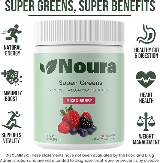 Super Greens Powder, 60 Servings - Immunity, Digestive Enzymes & Probiotics for Energy, Gut Health, Bloating Relief for Women - Greens Superfood Powder - Mixed Berry