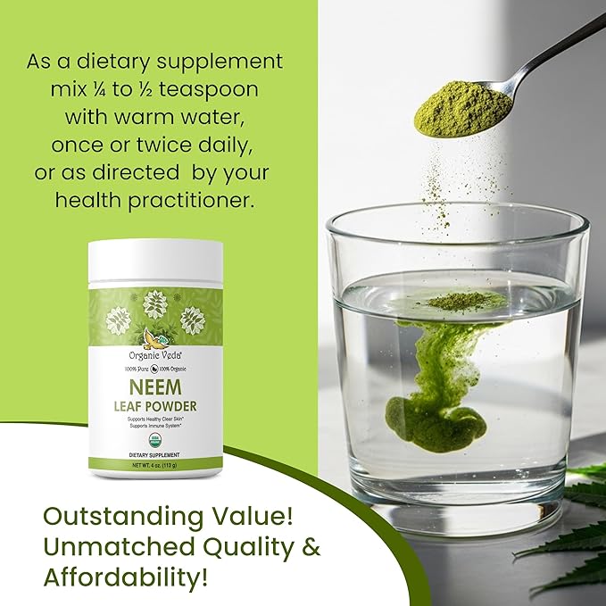 Organic Veda Neem Leaf Powder - Gentle Dried Organic Neem Leaves Powder - Herbal Supplement for Skin, Gut Cleanse & Immune Support - Non-GMO, Gluten-Free, Vegan – 4 oz