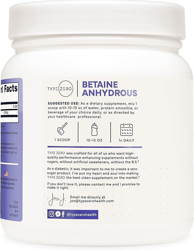 Type Zero Betaine Anhydrous Powder (1 LB) Unflavored - Clean Betaine Anhydrous Supplement, TMG, Trimethylglycine, 1,500mg Per Serving, Keto, GMO-Free