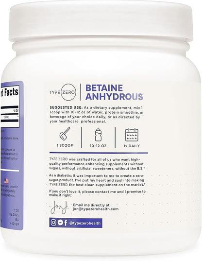 Type Zero Betaine Anhydrous Powder (1 LB) Unflavored - Clean Betaine Anhydrous Supplement, TMG, Trimethylglycine, 1,500mg Per Serving, Keto, GMO-Free